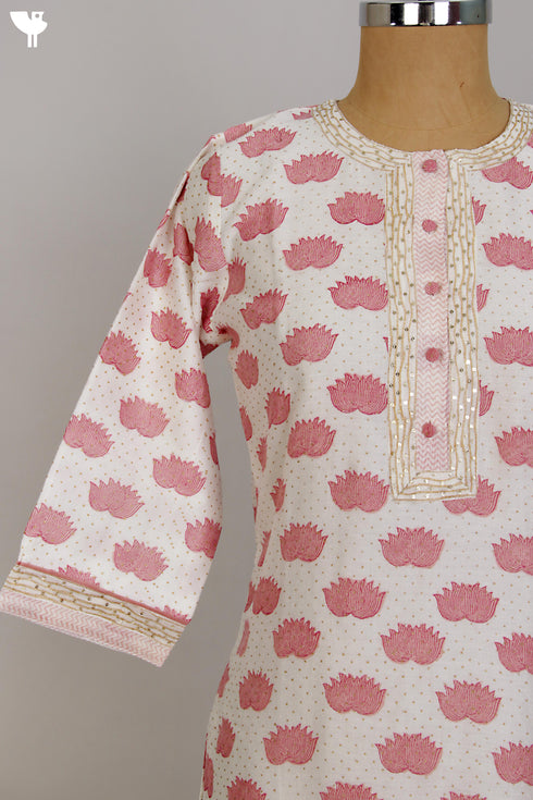 Chanderi Kurta/Dupatta Set in Pink Lotus Hand Block Print