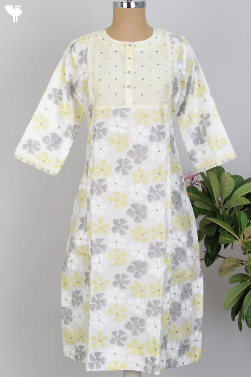 Chanderi Silk Kurta/Dupatta Set in Lemon Floral Block Print