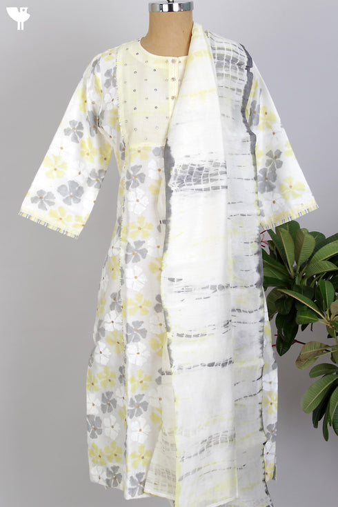 Chanderi Silk Kurta/Dupatta Set in Lemon Floral Block Print