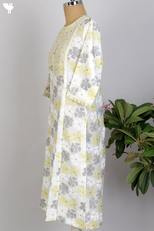 Chanderi Silk Kurta/Dupatta Set in Lemon Floral Block Print