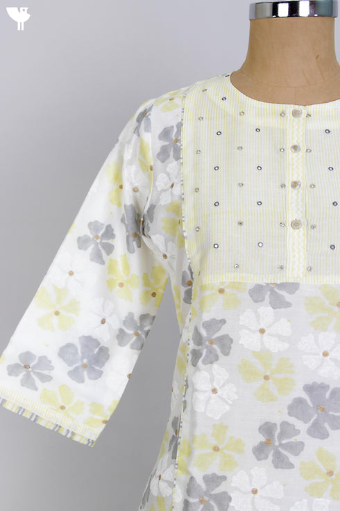 Chanderi Silk Kurta/Dupatta Set in Lemon Floral Block Print