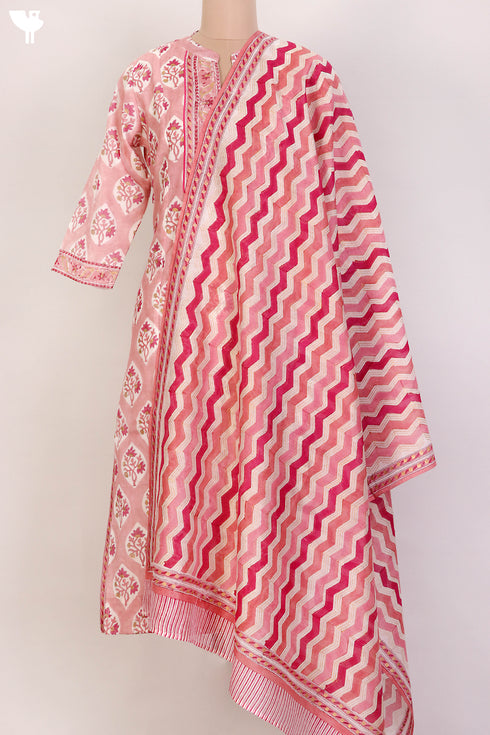 Chanderi Silk Kurta With Dupatta In Floral Block Print
