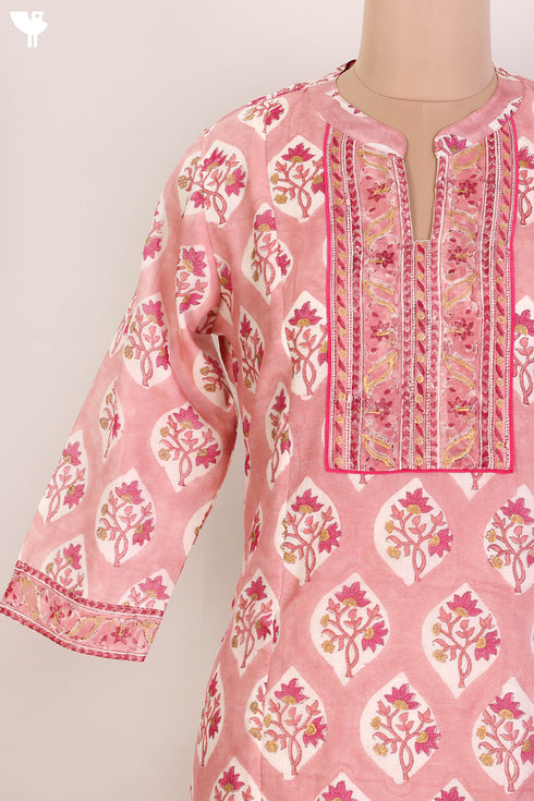 Chanderi Silk Kurta With Dupatta In Floral Block Print