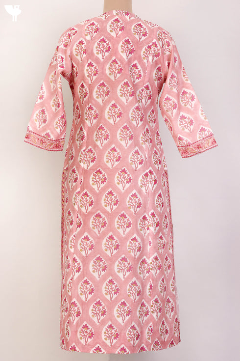 Chanderi Silk Kurta With Dupatta In Floral Block Print
