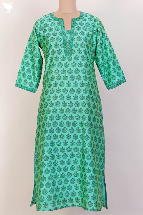 Chanderi Silk Kurta With Dupatta In Floral Block Print