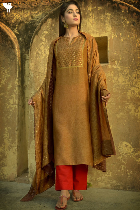 Satin Kurta And Cotton Silk Dupatta With Gold Block Print