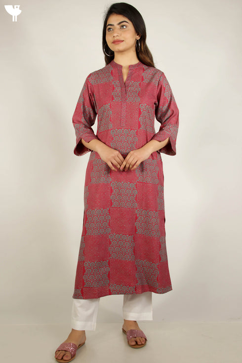 Viscose Kurta And Cotton Silk Dupatta Set in Graphic Block Print