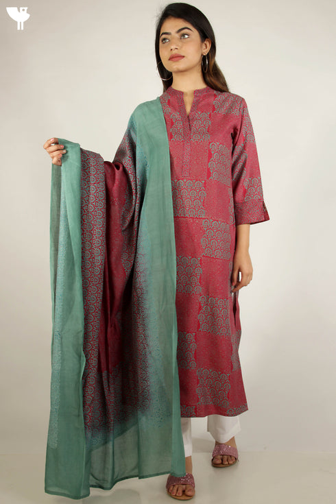 Viscose Kurta And Cotton Silk Dupatta Set in Graphic Block Print