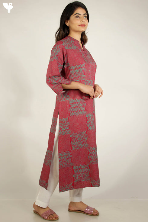 Viscose Kurta And Cotton Silk Dupatta Set in Graphic Block Print