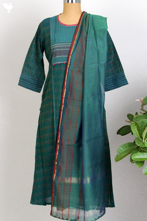 IKAT Kurta And Maheshwari Silk Dupatta Set in Graphic Block Print