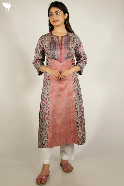 Tussar Silk Kurta And Dupatta Set In Floral Block Print