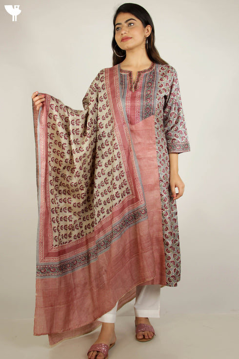 Tussar Silk Kurta And Dupatta Set In Floral Block Print