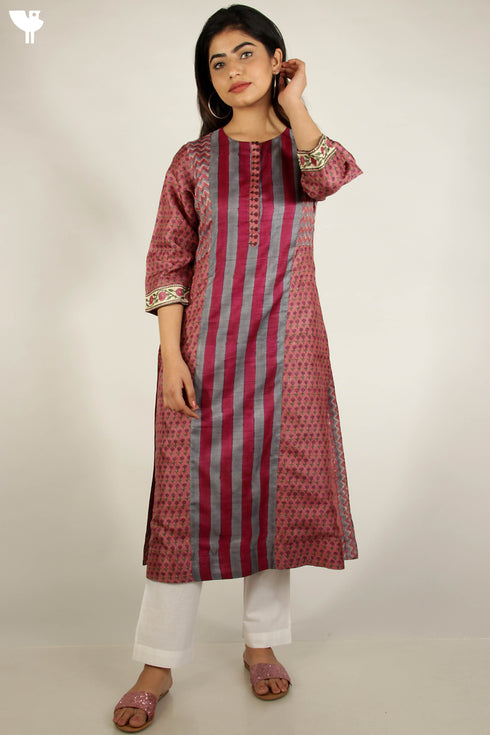 Tussar Silk Kurta And Dupatta Set In Floral Block Print