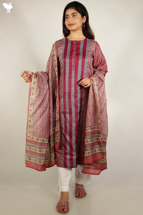Tussar Silk Kurta And Dupatta Set In Floral Block Print