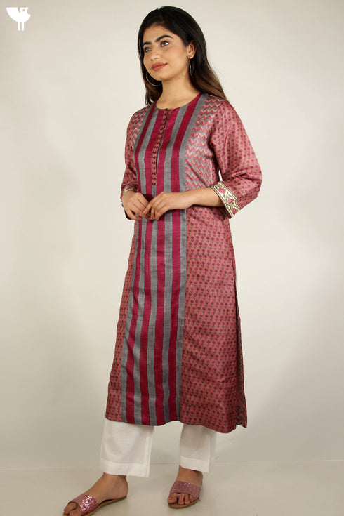 Tussar Silk Kurta And Dupatta Set In Floral Block Print