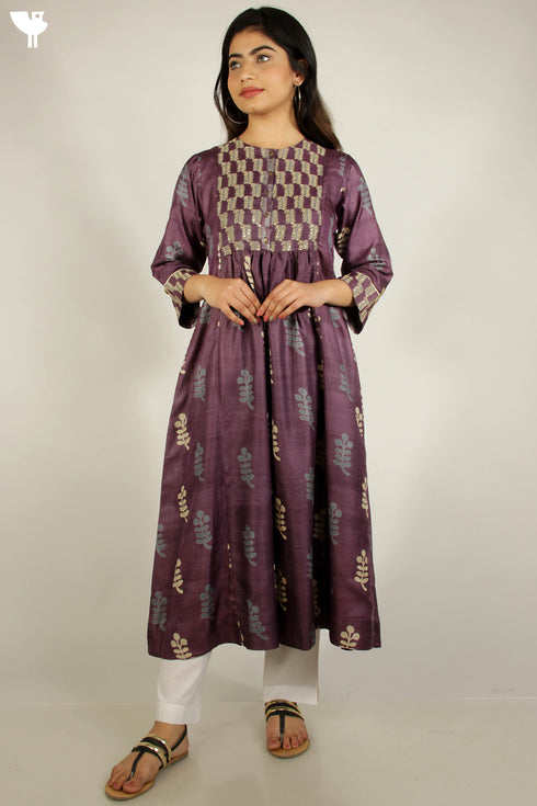 Tussar Silk Kurta With Cotton Silk Dupatta in Floral Block Print