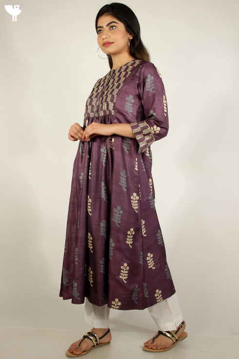 Tussar Silk Kurta With Cotton Silk Dupatta in Floral Block Print
