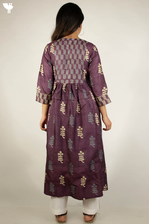Tussar Silk Kurta With Cotton Silk Dupatta in Floral Block Print
