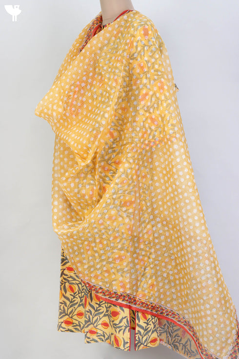 Bizzy Lizzy Dress Material With Kota Doria Dupatta in Pomegranate Block Print