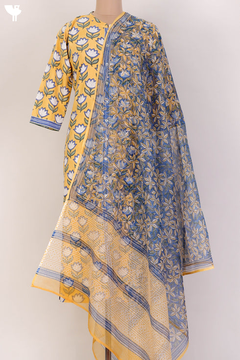 Bizzy Lizzy Kurta With Kota Doria Dupatta Set in FloralBlock Print
