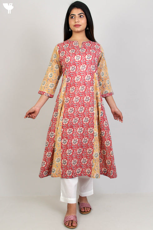 Terry Voile Kurta And Kota Dupatta Set In Floral Block Print