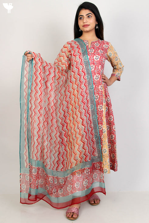 Terry Voile Kurta And Kota Dupatta Set In Floral Block Print