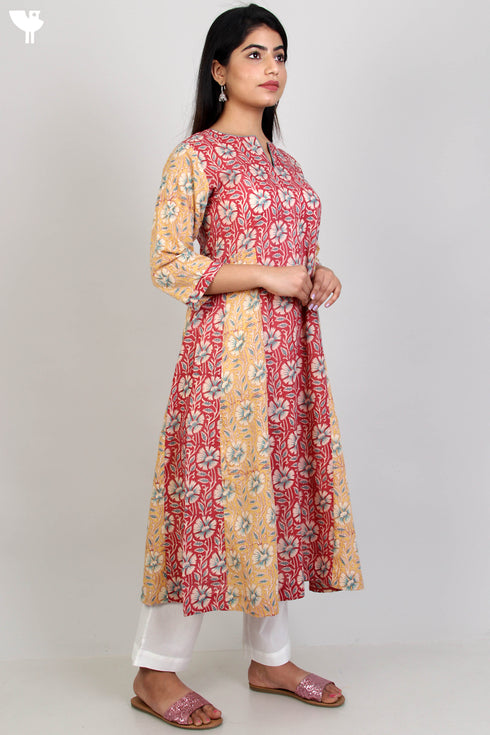 Terry Voile Kurta And Kota Dupatta Set In Floral Block Print