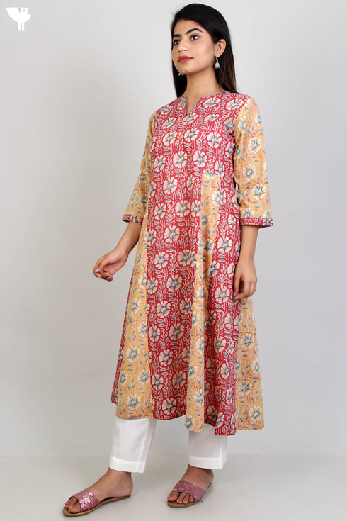 Terry Voile Kurta And Kota Dupatta Set In Floral Block Print