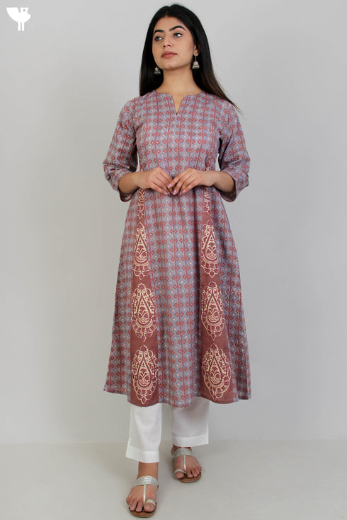 Terry Voile Kurta And Kota Dupatta Set In Graphic Block Print