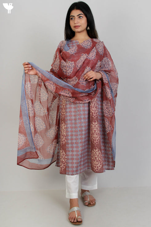 Terry Voile Kurta And Kota Dupatta Set In Graphic Block Print