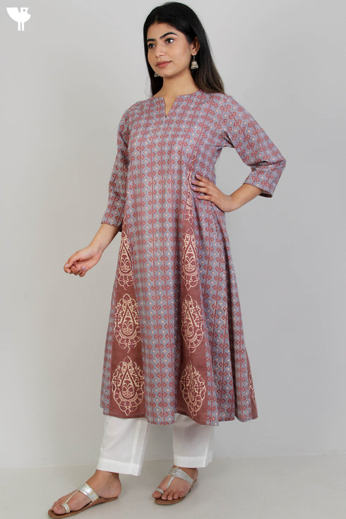 Terry Voile Kurta And Kota Dupatta Set In Graphic Block Print