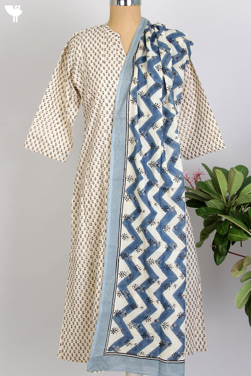 Cambric Cotton Kurta And Mul Mul Cotton Dupatta Set In Graphic Block Print
