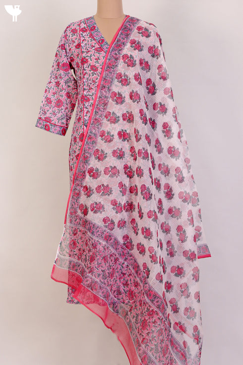 Mulmul Cotton Kurta and Kota Doria Dupatta In Floral Block Print