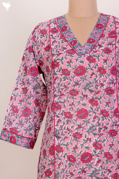 Mulmul Cotton Kurta and Kota Doria Dupatta In Floral Block Print