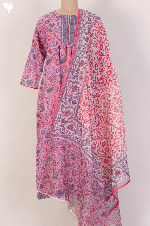 Mulmul Cotton Kurta and Kota Doria Dupatta In Floral Block Print