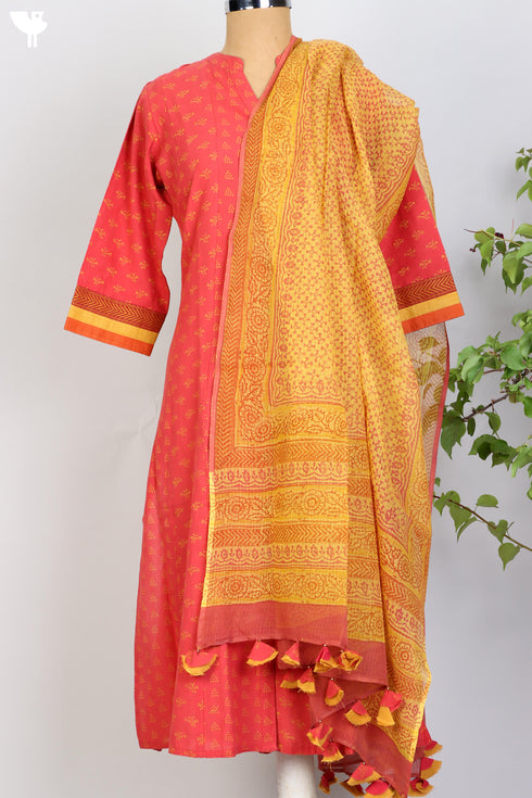 Khaadi Cotton Kurta And Kota Doria Dupatta Set In Graphic Block Print