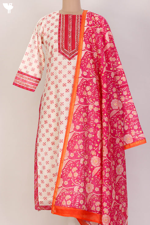 Chanderi Silk Kurta With Dupatta In Golden Yellow Floral Block Print