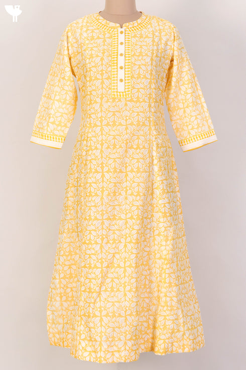 Chanderi Silk Kurta With Dupatta In Golden Yellow Floral Block Print