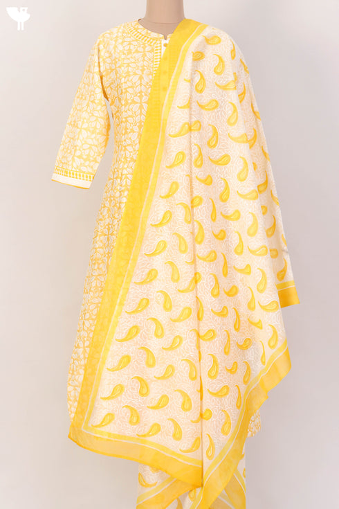 Chanderi Silk Kurta With Dupatta In Golden Yellow Floral Block Print