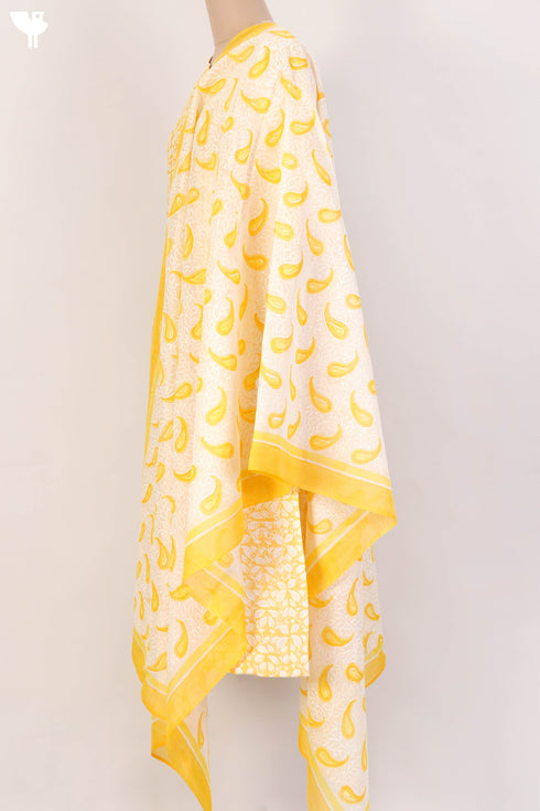 Chanderi Silk Kurta With Dupatta In Golden Yellow Floral Block Print