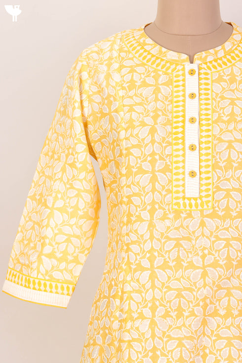 Chanderi Silk Kurta With Dupatta In Golden Yellow Floral Block Print