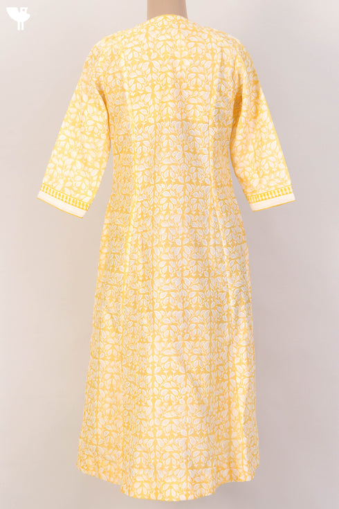 Chanderi Silk Kurta With Dupatta In Golden Yellow Floral Block Print