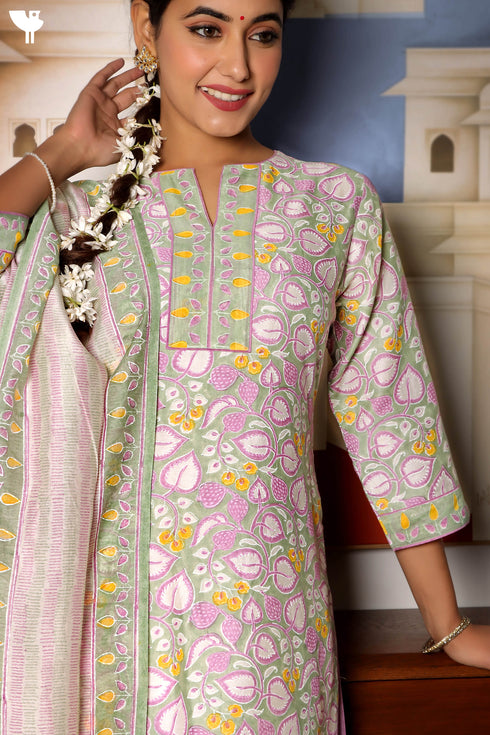 Chanderi Silk Kurta And Dupatta SetWith Floral Block Print And Embroidery