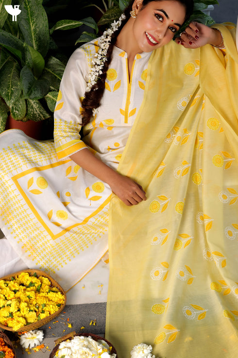 Chanderi Silk Kurta With Dupatta In Golden Yellow Floral Block Print