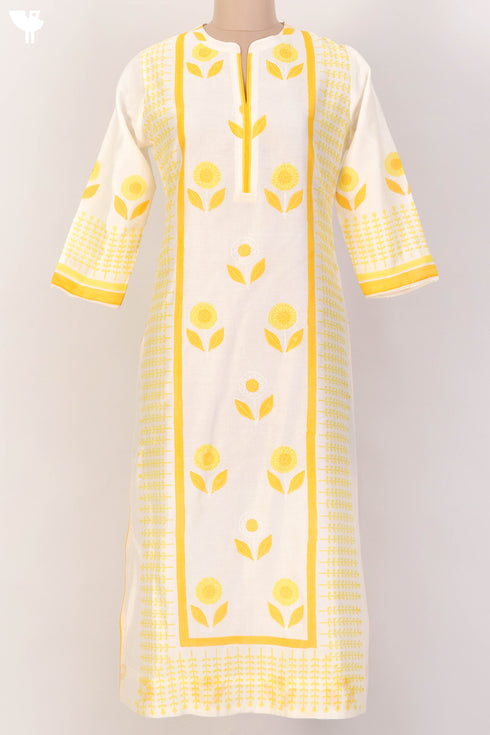 Chanderi Silk Kurta With Dupatta In Golden Yellow Floral Block Print