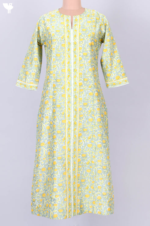 Chanderi Silk Kurta With Dupatta In Golden Yellow Floral Block Print