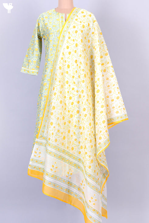 Chanderi Silk Kurta With Dupatta In Golden Yellow Floral Block Print