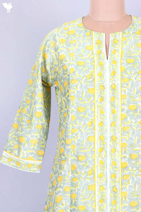 Chanderi Silk Kurta With Dupatta In Golden Yellow Floral Block Print