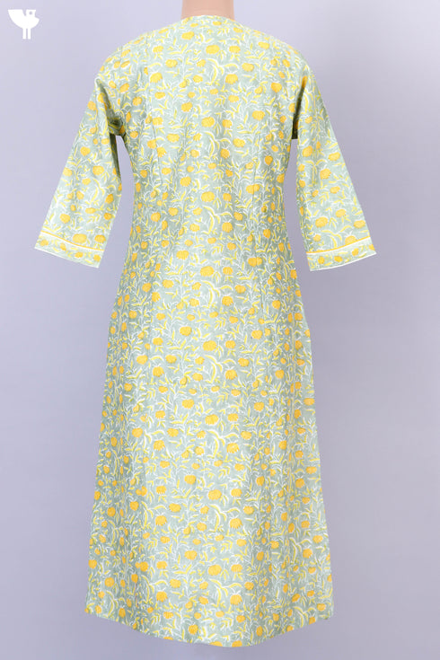 Chanderi Silk Kurta With Dupatta In Golden Yellow Floral Block Print