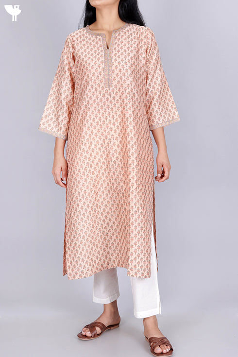 Chanderi Silk KurtaAnd Dupatta With Floral Block Print